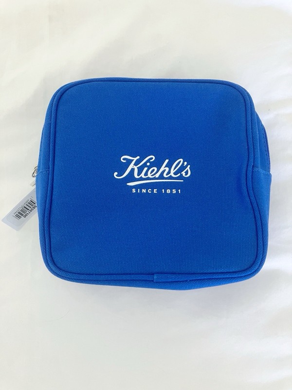 Kiehl's Blue Fabric Makeup Bag with Zipper and Pink Interior