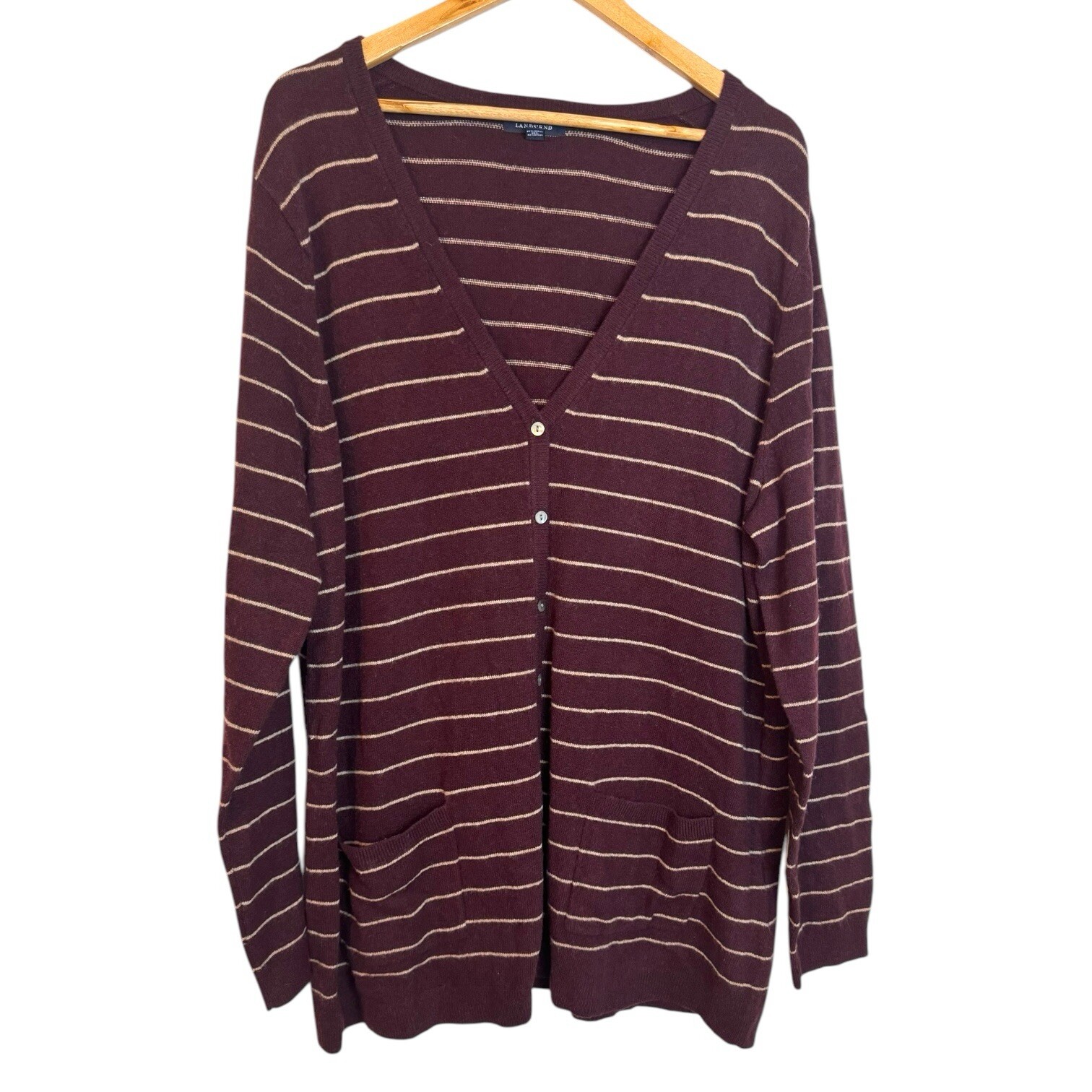 Cárdigan túnica suéter Lands End granate a rayas lana merino botón delantero 2X-image