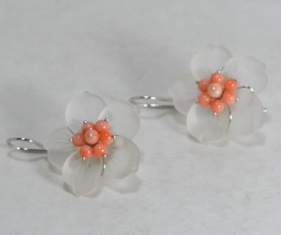 ORECCHINI IN ARGENTO 925  FIORI CRISTALLO ROCCA  25 mm CORALLO ROSA   AGHT 024RA - Immagine 3 di 4