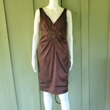 DAVID MEISTER Brown Stretch Taffeta Beaded Applique Dress 4