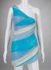 Halston Heritage 1990's Cocktail Dress Turquoise White Gathered Stretch Size XS