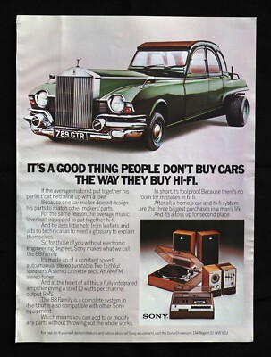 Original 1975 Werbung Sony Trinitron Farbfernseher. Autos - HiFi Werbung