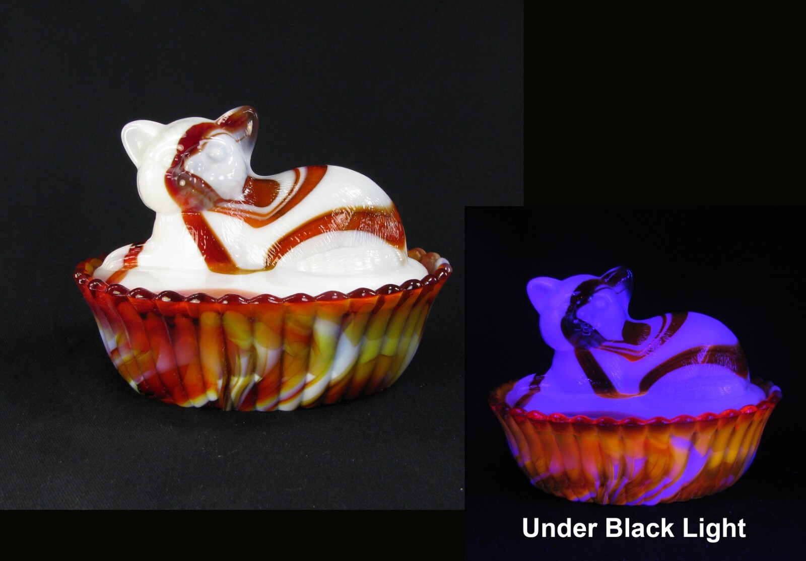 Vintage Westmoreland Red Slag Glass 5-Inch Cat Covered Dish with UV Glow