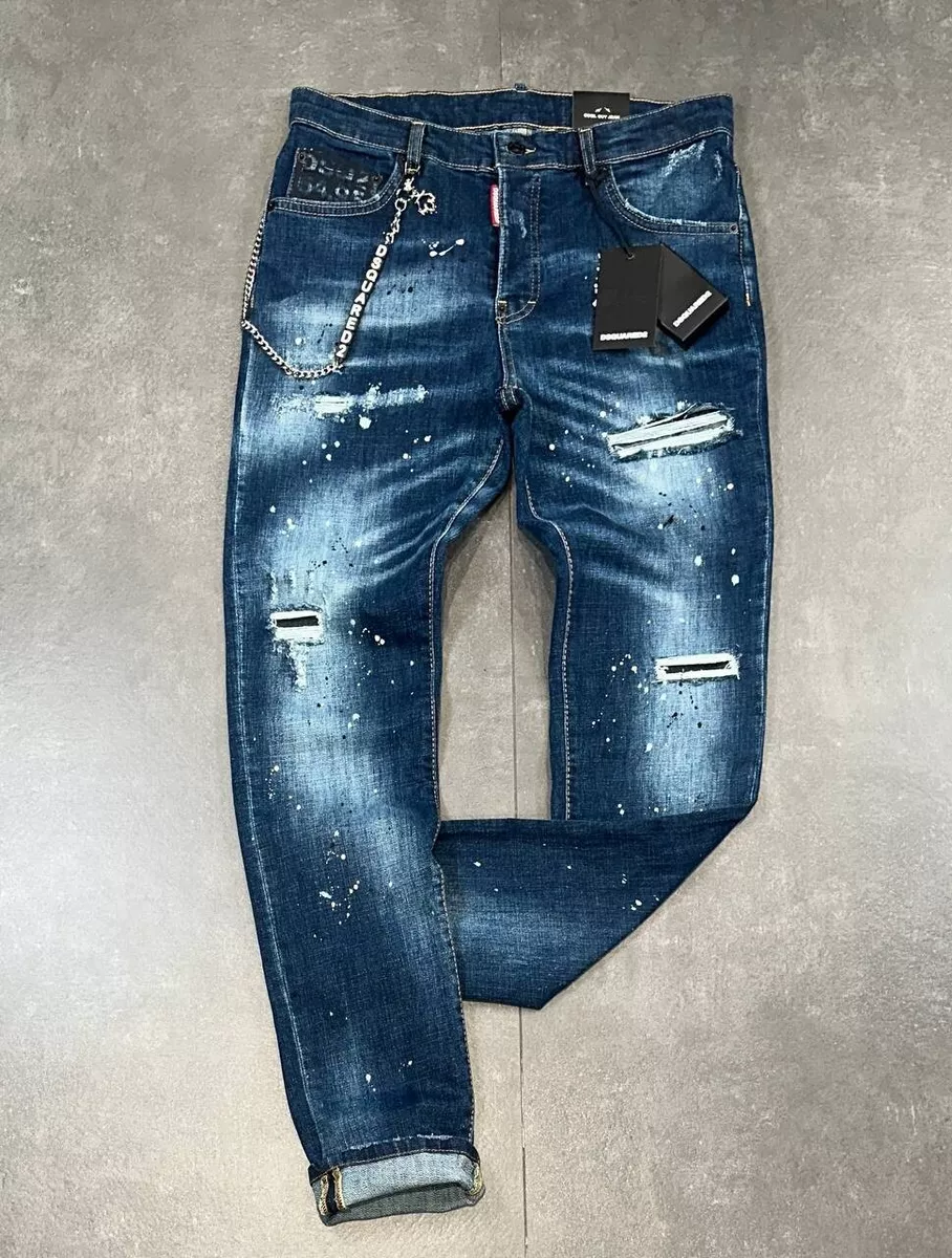 New Model DSQ2 Men s Slim Fit Stretchy Washed Ripped Dark Blue Jeans