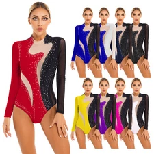 Women Rhinestone Gymnastics Dance Leotard Bodysuit Long Sleeves Skating Costume