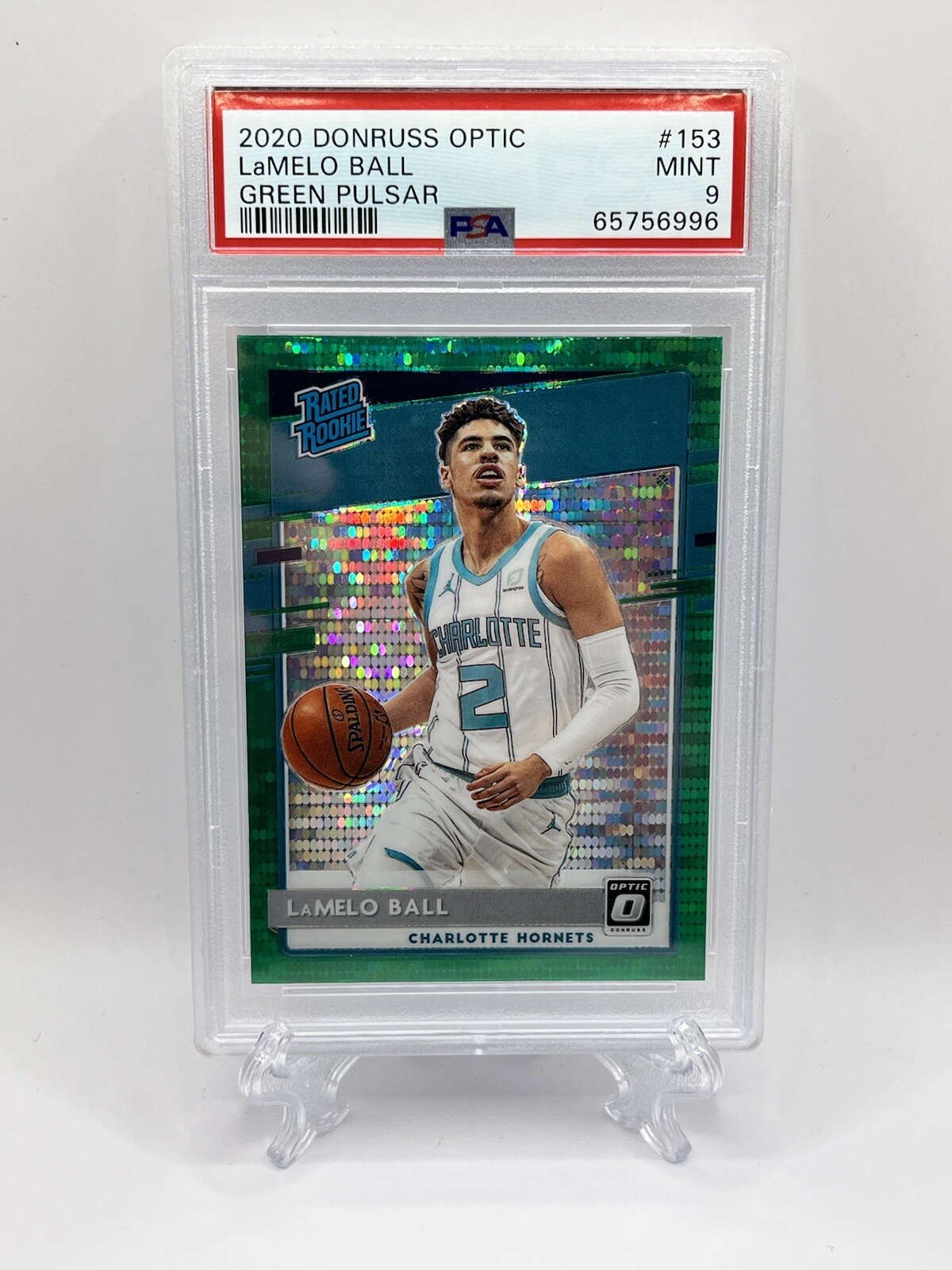2020-21 Optic LAMELO BALL Hornets RC #153 Rated Rookie GREEN PULSAR PRIZM PSA 9
