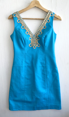 turquoise blue and gold dress Capri Short Tunic Dress in Turquoise Blue Scenic Toile main image 0