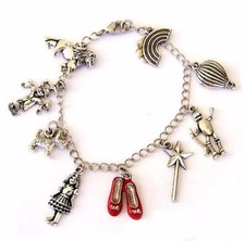 Wizard of Oz 9 Themed Charms Silvertone Charm Bracelet