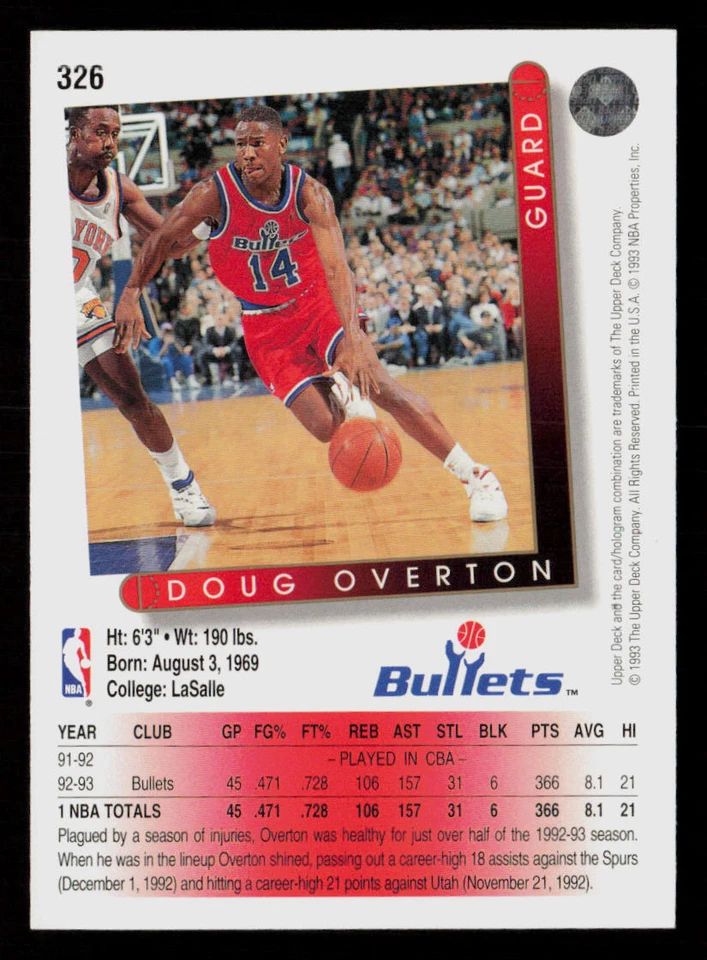 Doug Overton 1993-94 Upper Deck #326 Washington Bullets Basketball Card - Image 2 of 2