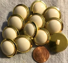 12 Shiny Gold Tone PLASTIC Cream Domed Center Shank Buttons 7/8" 23MM Lot # 3662