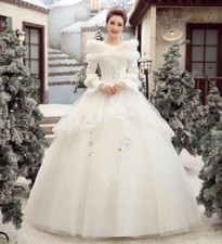 New Chic Womens Korean Wedding Dress Cotton Long-Sleeved Fur Collar Bridal Dress
