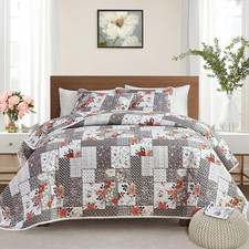 Patchwork Quilt Set Full/Queen Size, 3 Pieces Grey Floral Plaid Summer Bedspread