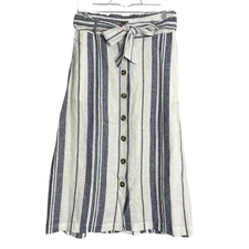 C&C California Skirt Womens S Blue White Stripe 100% Linen Midi Button Front