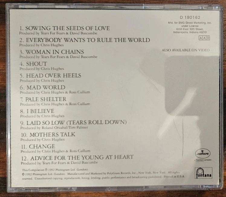 Tears Roll Down: G.H. 82-92 by Tears for Fears (CD, 1992) - Image 4 of 4
