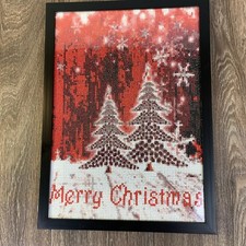 Completed  Framed Merry Christmas Diamond Art Sparkle Red  White 11" x 15"