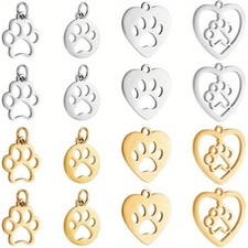 1set 16pcs 8 styles 304/201 Stainless Steel Pendants Heart with Dog Paw Prints