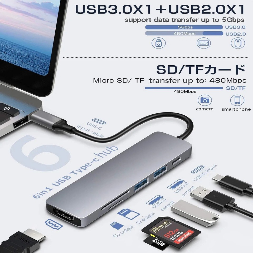 Usb Sw Adapter USB C Hub Multiport Adapter 6 in 1 MacBook HDMI 4K SD Card USB 3.0 100W ...