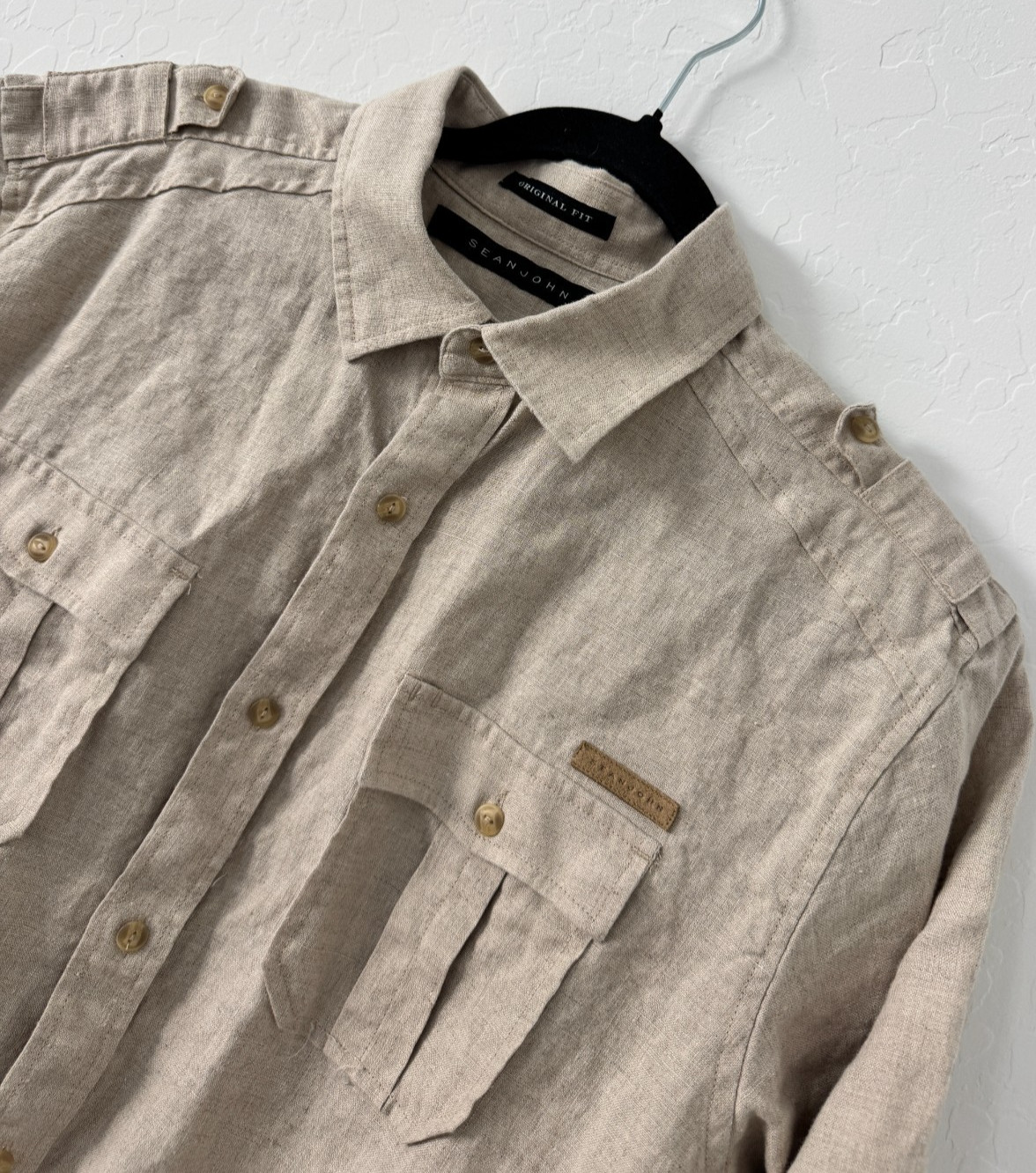 Sean John Shirt Mens Medium Beige 100% Linen Short Sleeve Button Up Utility