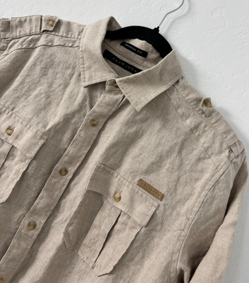 Sean John Shirt Mens Medium Beige 100% Linen Short Sleeve Button Up Utility