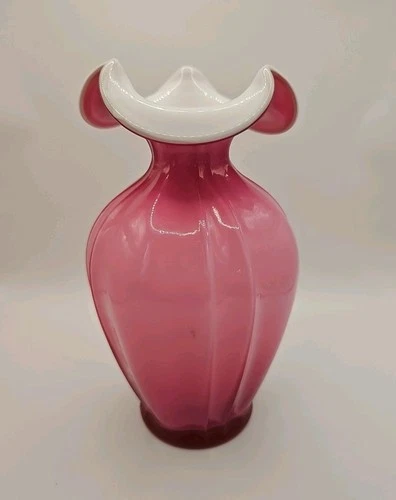 FENTON Wild Rose Overlay Wide Rib Vase 7"