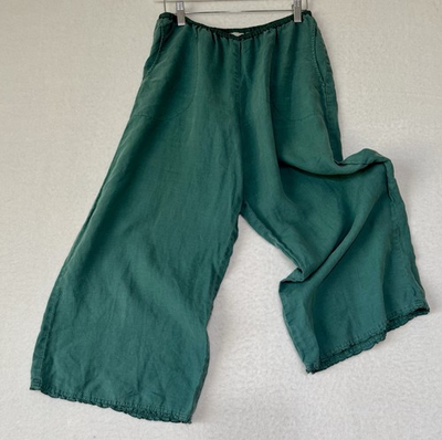 #ad Kleen 100% Linen Wide Leg Pants Green Elastic Waist Relaxed Fit Size M $25.00