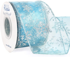 Snowflake Glitter Wired Ribbon, Ice Blue Organza Sheer with Silver Glitter Snowf