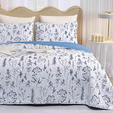Nanko Quilt Set Queen Full Size 3 Pcs Blue White Floral Leaf Spring Soft
