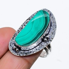 Natural Green Malachite Gemstone 925 Sterling Silver Jewelry Ring Size 7.5 US 