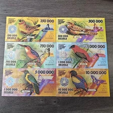 Bird Series Fantasy Polymer Banknote Set – 6Pcs Ekuele Souvenir Money (250k–10M)