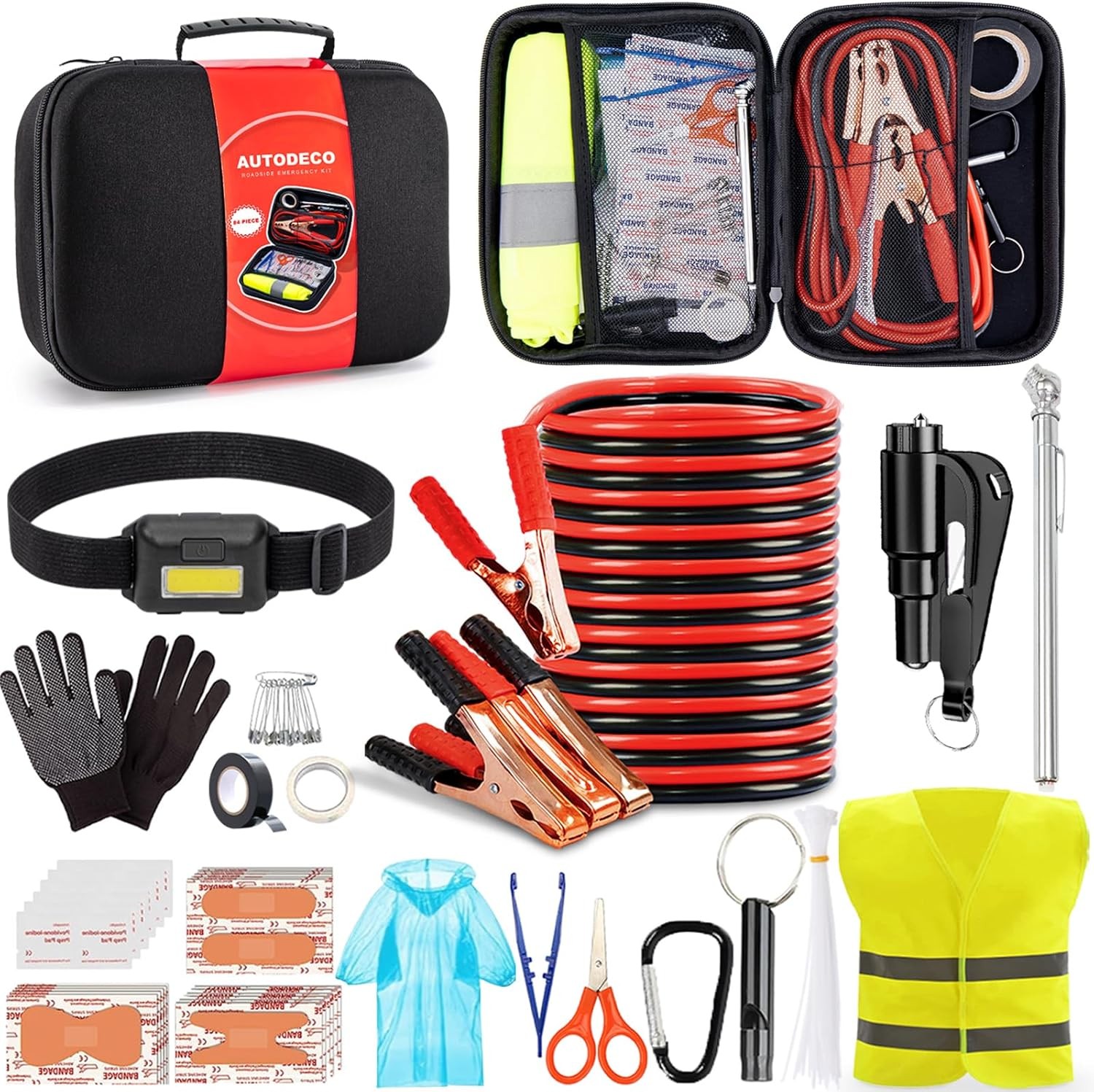 Portable Car Roadside Emergency Kit, Auto Safety Set for Travel - Black