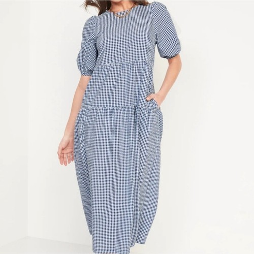Old Navy Plus Women's Gingham Check Puff Sleeve Midi Dress 4X Blue White - Picture 2 of 15