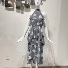 MISA Los Angelos Anca Floral Ruffle Halter Midi Dress Check Blue Women Size S