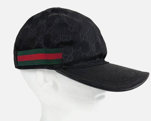 Gucci Men Black Sz Medium M 58 GG Logo Monogram Web Ball Cap Hat Runway Auth