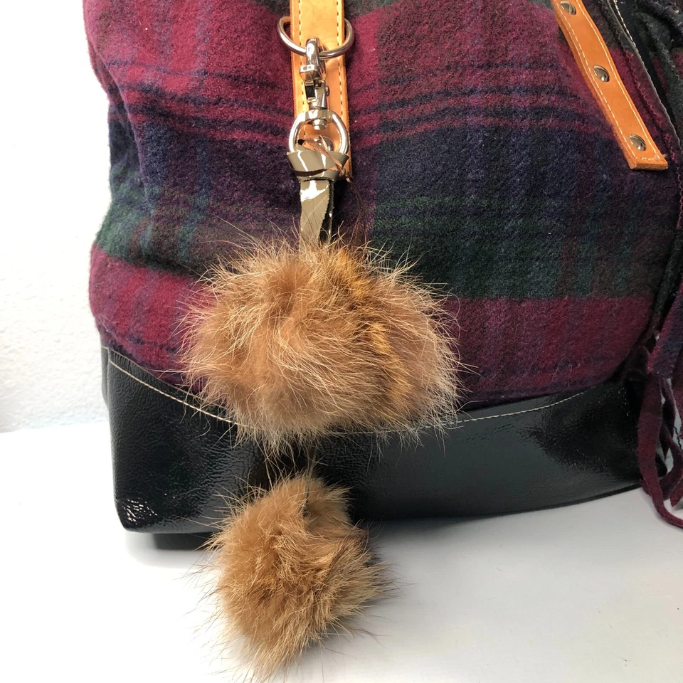 Belle Vache Wool Patent Leather Tote Bag Plaid Fur Keychain Shoulder Purse - Изображение 2 из 4