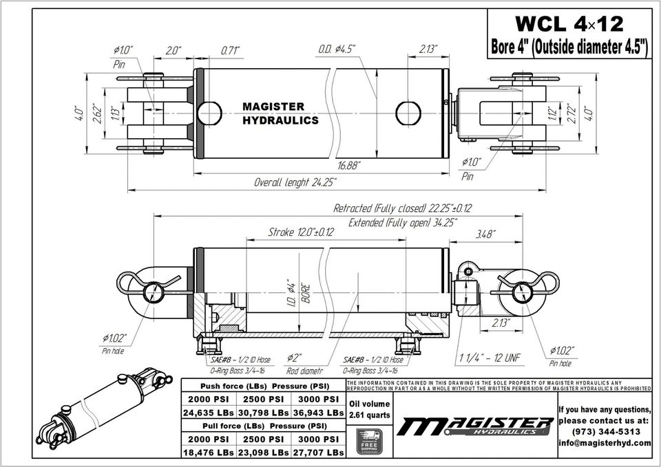 Hydraulic Cylinder Welded Double Acting 4" Bore 12" Stroke Clevis End 4x12 NEW - Image 3 of 4