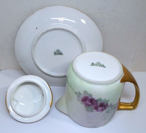 Antique ROSENTHAL SYRUP PITCHER, LID & LINER Purple ROSES Hand Painted Porcelain - Picture 8 of 9
