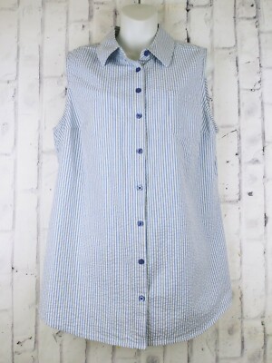VTG Women's d&co. Seersucker Striped Blue Sleevless Top Size Med Y2K Loose Fit