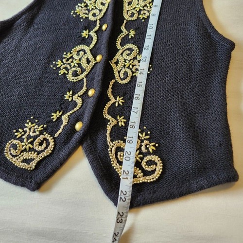 VTG Kathie Lee Beaded Knit Vest Medium Black Gold Button Front Boho Cottagecore - Picture 7 of 7