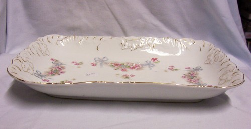 TRAY/DISH DECORATIVE Vintage Porcelain w/Pink Roses, Blue Bows & Gold Trim (A2) - Picture 2 of 4