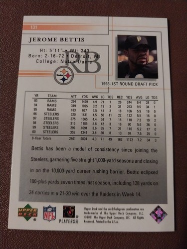 Jerome the Bus 2001 cubierta superior de la NFL tarjeta #131 Pittsburgh Steelers Rams - Imagen 2 de 2