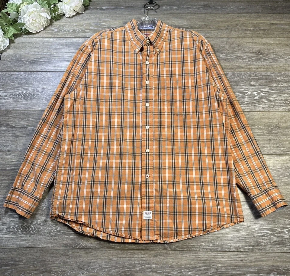 Camisa de vestir Izod talla grande naranja a cuadros con botones logotipo bolsillo Foto 3 de 4