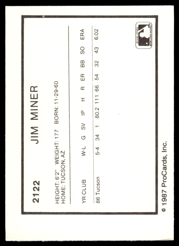 1987 ProCards #2122 Jim Miner Rookie Tucson Toros - Image 2 of 2