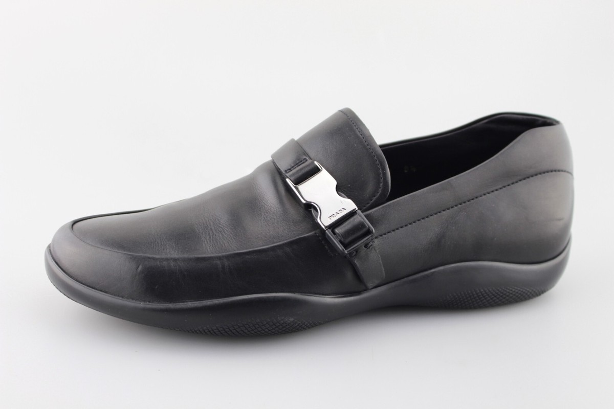 靴 PRADA SPORT leather loafers black US8.5 Prada Black Leather Rubber Triangle Logo Linea Rossa Loafer