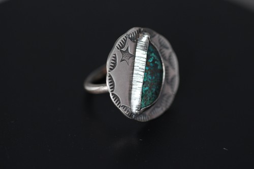 Chrysocolla Ring Blue Cabochon Gemstone 925 Sterling Silver Size 5.5 Moon Star - Afbeelding 3 van 7