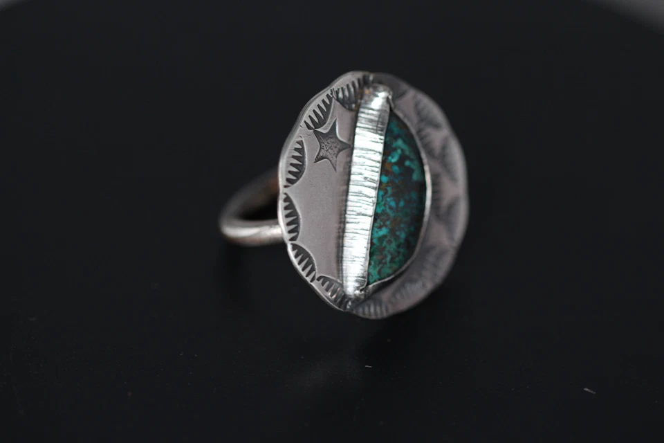 Anillo Crisocola Azul Cabujón Piedra Preciosa Plata de Ley 925 Talla 5.5 Estrella Luna Foto 3 de 4