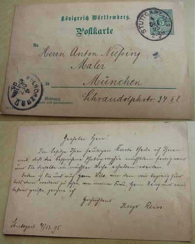 Xylograph Hugo REISS (Kunstanstalt): PK STUTTGART 1895 an Maler Anton NIESSING - 第 1/5 張圖片