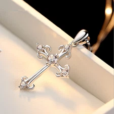 Women 925 Sterling Silver CZ Cubic Crystal Cross Pendant Necklace Diamante Box