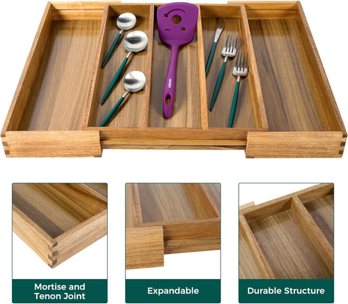 Organizer per Cassetti Da Cucina in Acacia, Espandibile, Grande Vassoio per Uten - Foto 6 di 12