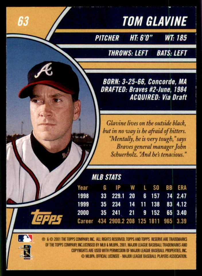 2001 Topps Reserve #63 Tom Glavine Atlanta Braves - Image 2 of 2