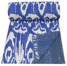 Vintage Ikat Print Kantha Quilt Blanket Indian Bedspread Coverlet Throw Blue